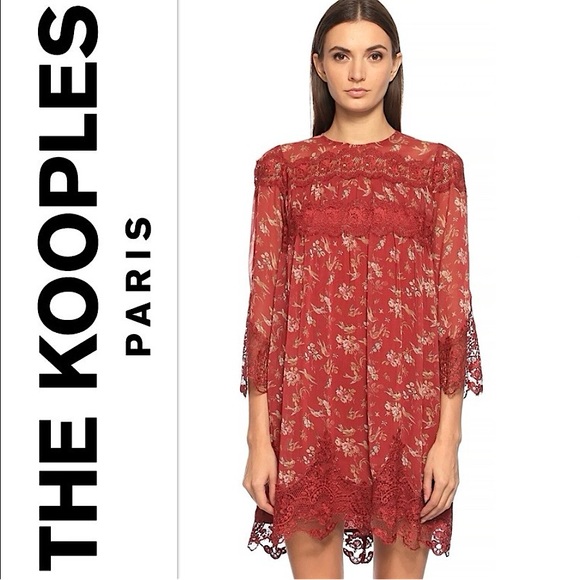 The Kooples Dresses & Skirts - THE KOOPLES Rare Burgundy Red Floral Print Bird Pattern Lace Chiffon Dress SMALL